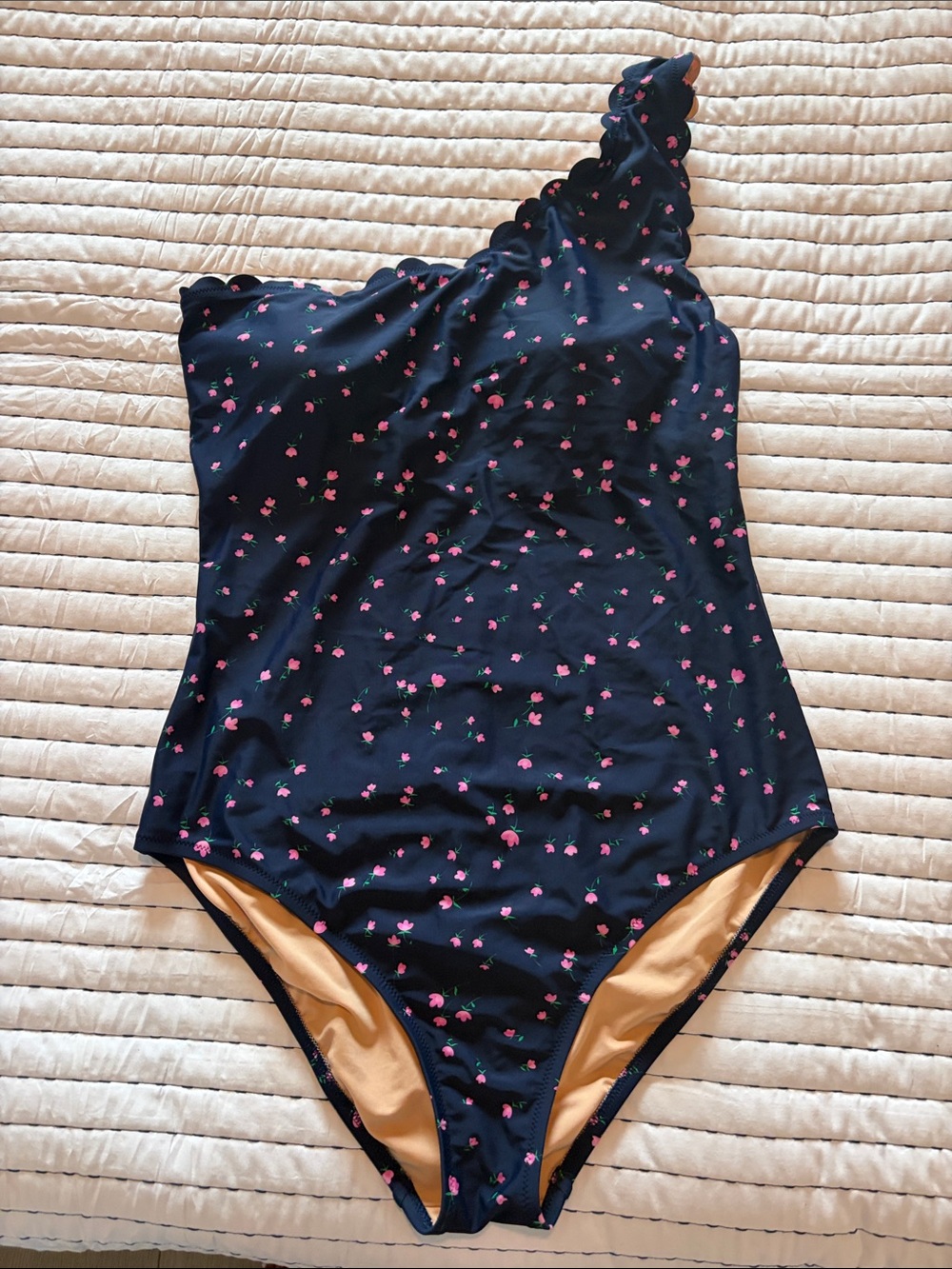 J. Crew Navy Blue One-Shoulder Floral Scallop-Trim One-Piece Swimsuit